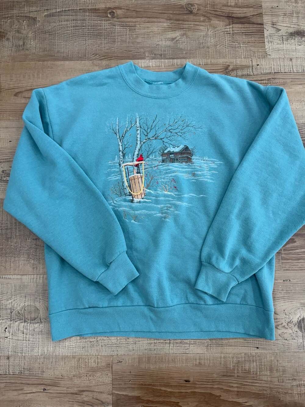 Vintage Cardinal Sled Sweatshirt Winter Landscape Grandma cottagecore 90s